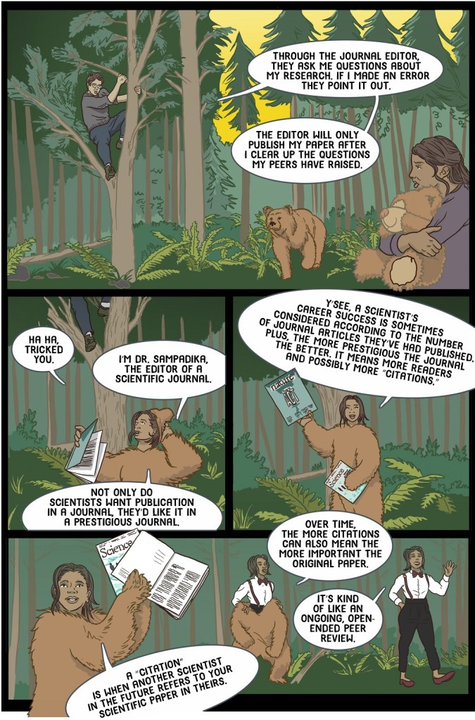 Fourteenth online page shows a bear in the virtual forest approaching the scientist but revealing itself to be a science journal editor in disguise, who discusses journal article citations. 
Dialogue:
Through the journal editor they ask me questions about my research. If I made an error they point it out.
The editor will only publish my paper after I clear up the questions my peers have raised.
Ha ha, tricked you.
I’m Dr Sampadika, the editor of a scientific journal.
Not only do scientists want publication in a journal, they’d like it in a prestigious journal.
Y’see, a scientist’s career success is sometimes considered according to the number of journal articles they’ve had published. Plus, the more prestigious the journal the better. It means more readers and possibly more “citations.”
A “citation” is when another scientist in the future refers to your scientific paper in theirs.
Over time, the more citations can also mean the more important the original paper.
It’s kind of like an ongoing, open ended peer review.