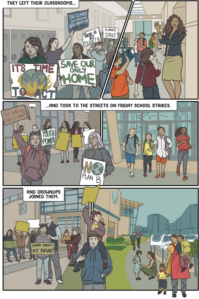 Twenty-ninth online page shows blend of student's leaving school and school strikers rising across 100 year time split.
Dialogue:
They left their classrooms and took to the streets on Friday school strikes.  
And grownups joined them...