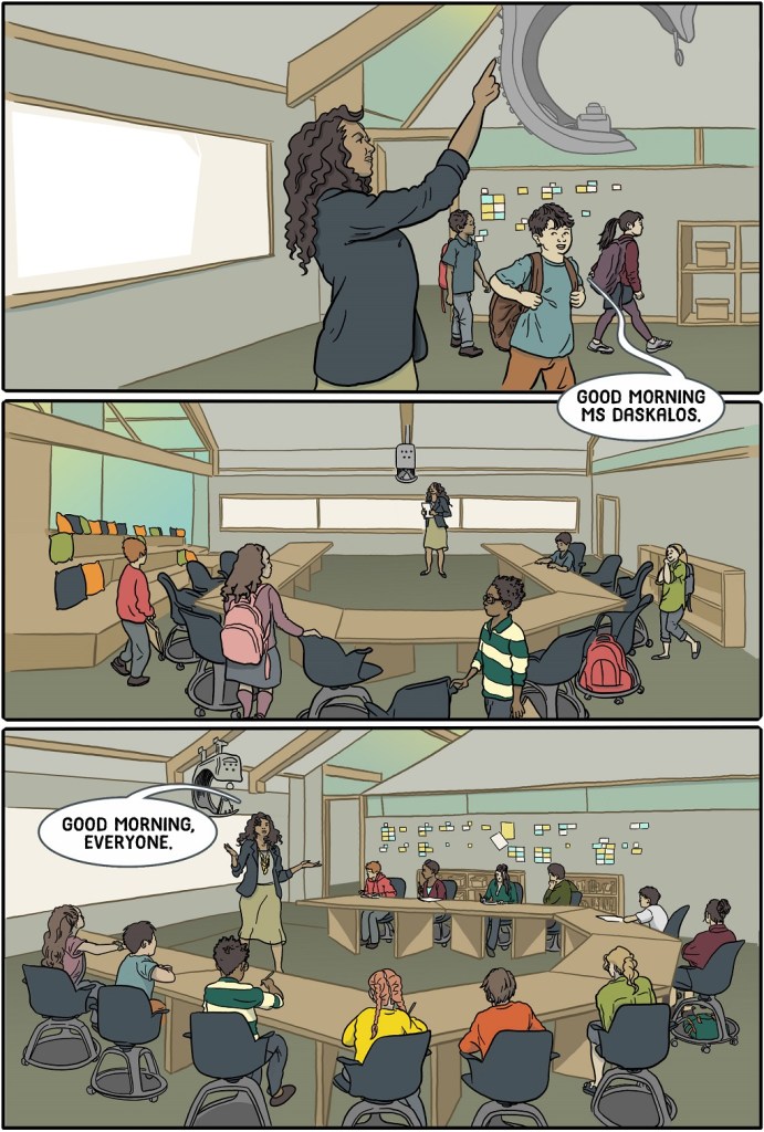 The scene is a classroom in the year 2120. Students are filing into the class and taking their seats as the teacher prepares the for the lesson. They greet each other. 
This is the 3rd page of the print version of the graphic novel book Because IPCC - first page of the online version. There are three illustrated panels on this page.
Dialogue: 
Good morning Ms Daskalos.
Good morning everyone.